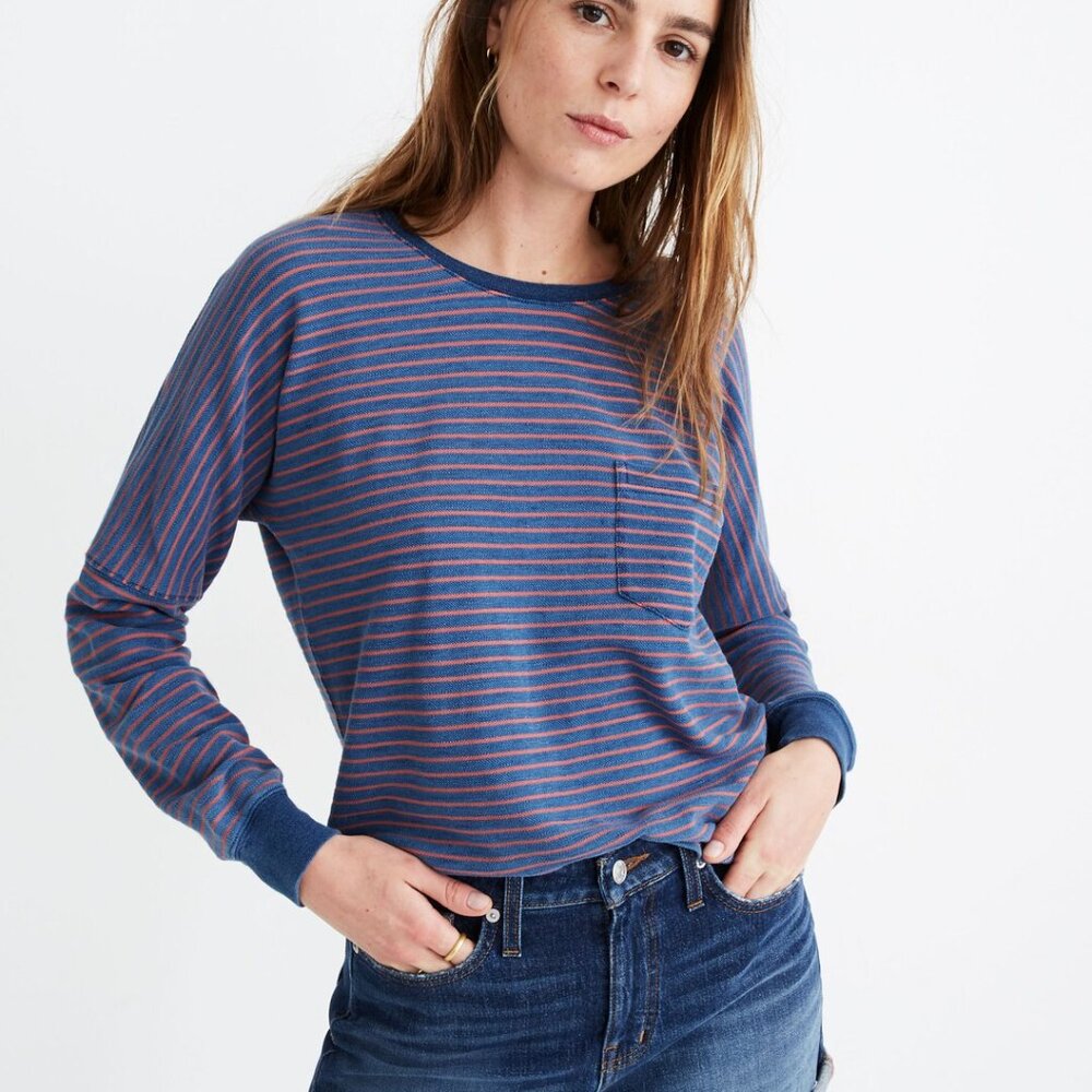 NWT - Madewell Drop-Sleeve Pocket Tee in Indigo Stripe - XXS